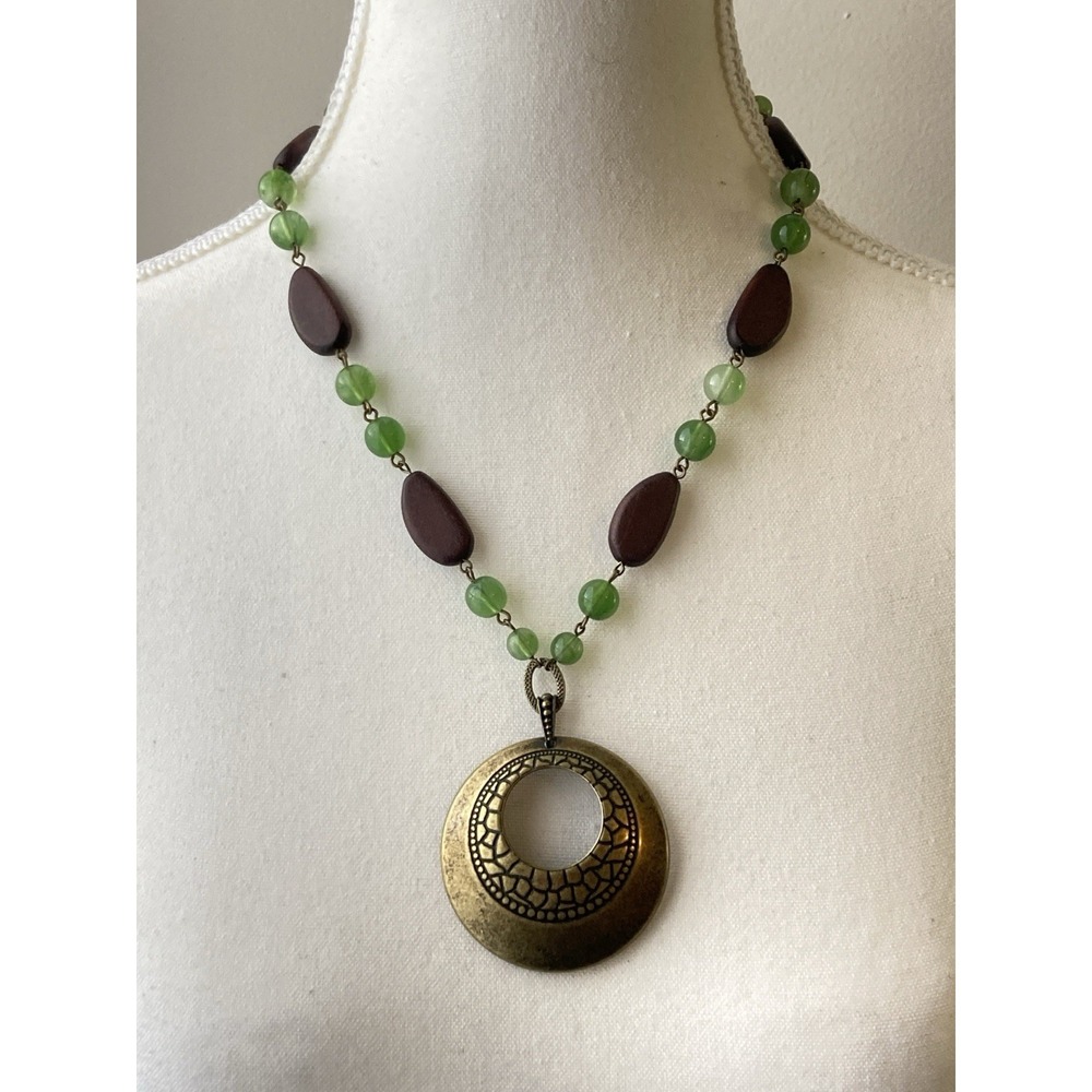 SAQ Boho Pendant Necklace Green Beads Brown Earthy Antique Gold Tone Circle